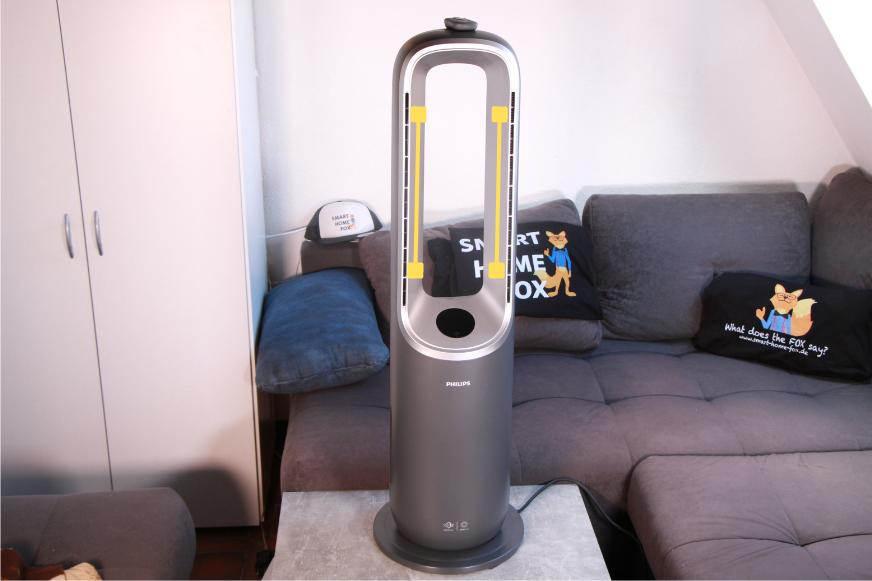 Die Heizelemente des Philips Air Performer Series 8000 (AMF870/15) sind im Bild farblich markiert und im Turm eingezeichnet.